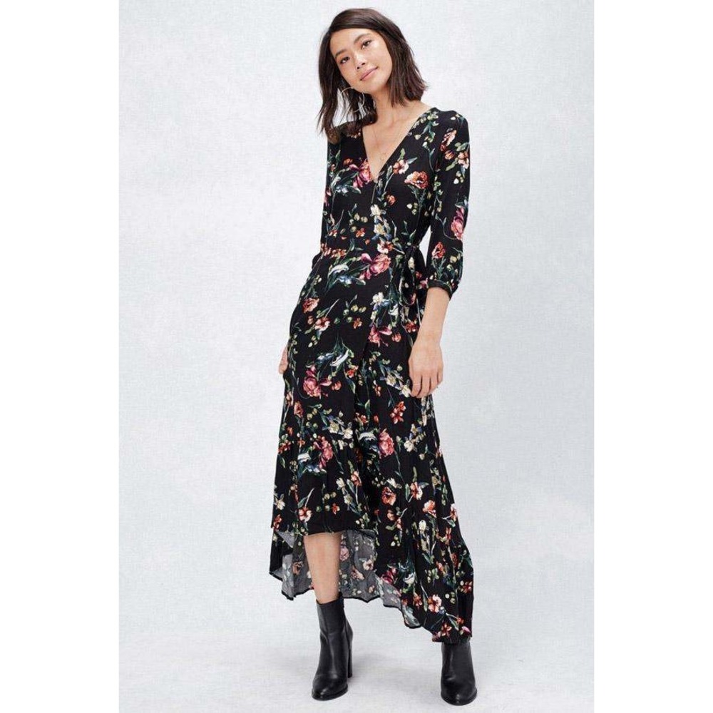 Lovestitch Hi-Low Wrap Maxi Dress High Low Ruffle Floral‎ Black Red Medium
